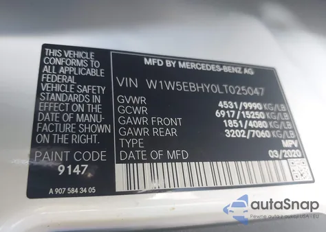 2020 Mercedes-Benz Sprinter 3500 High Roof V6 z USA, uszkodzony, nr VIN W1W5EBHY0LT025047